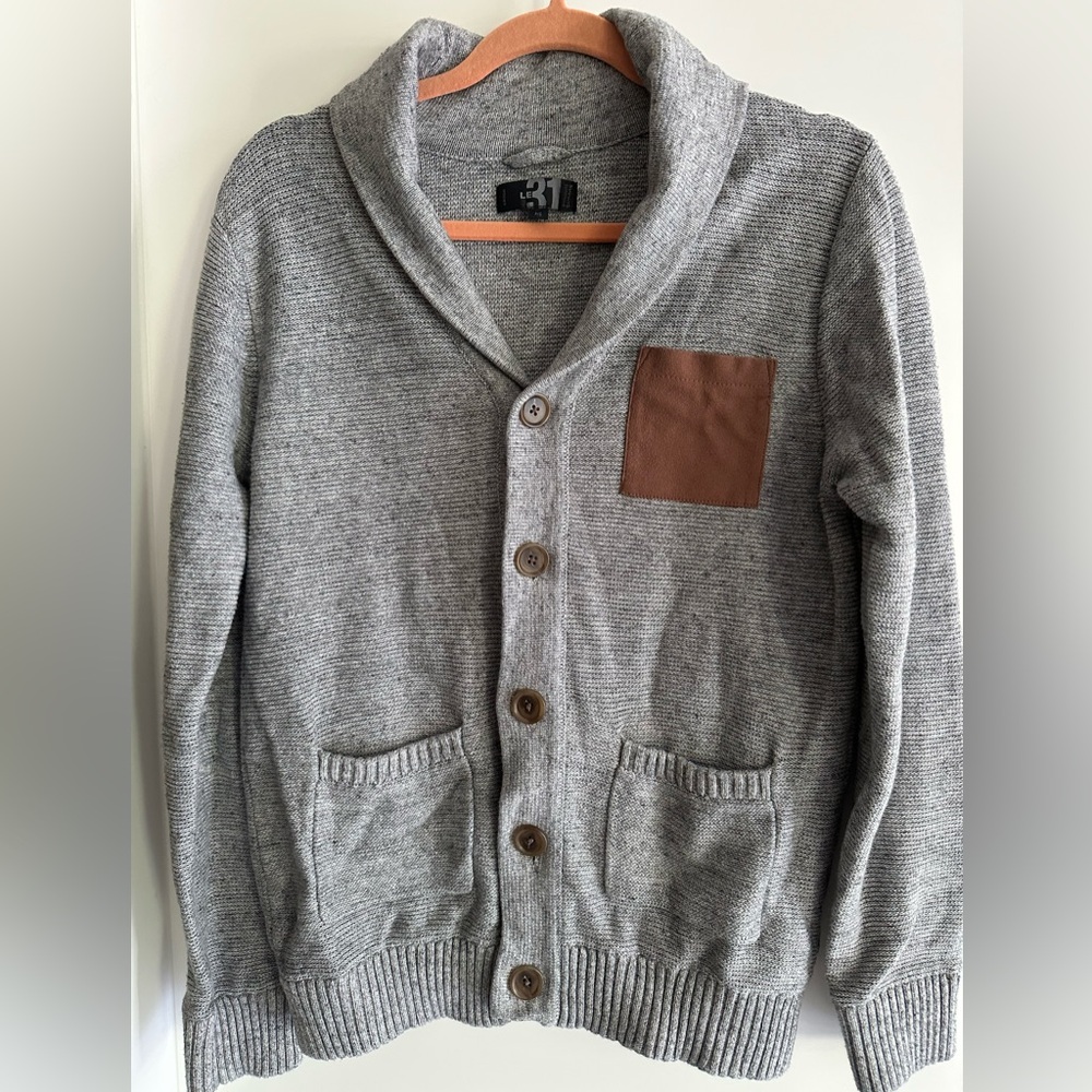 Simons Gray Cardigan with Brown Pocket